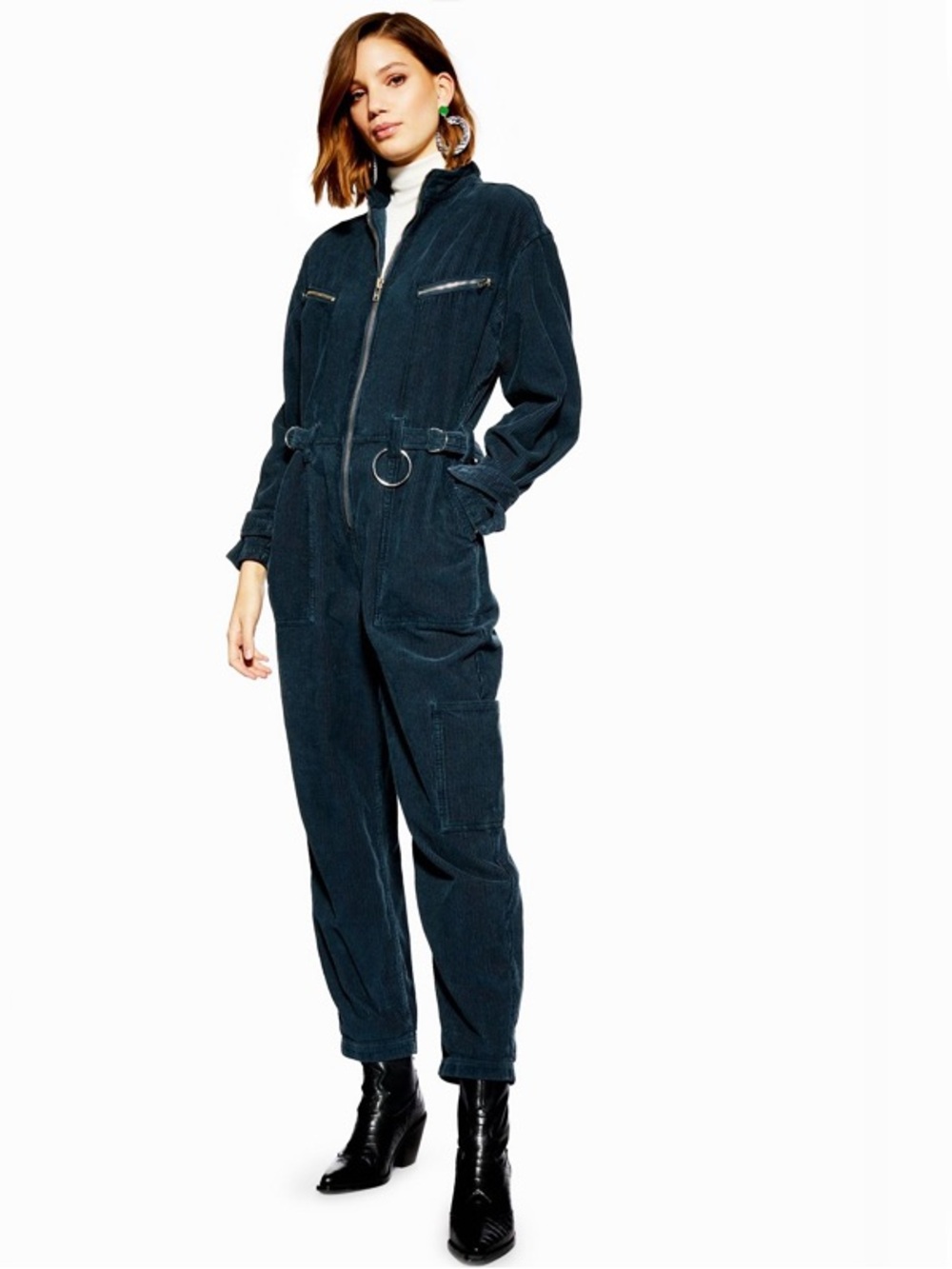 Top Shop boiler suit Corduroy Zip-Front Jumpsuit in Teal